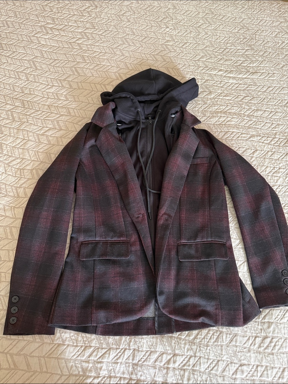 Women’s Black and Burgundy Plaid Lightweight Shirt Jacket with Attached Hoodie